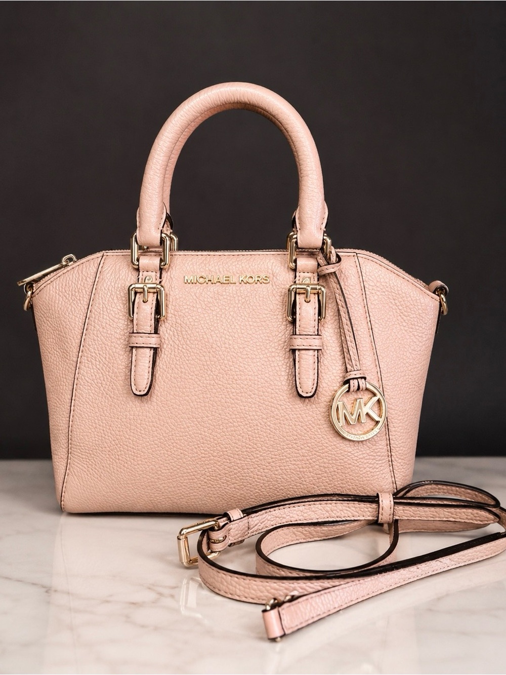 Michael Kors Bag Ciara Pebbled Leather Messenger Crossbody Medium Pink Blush